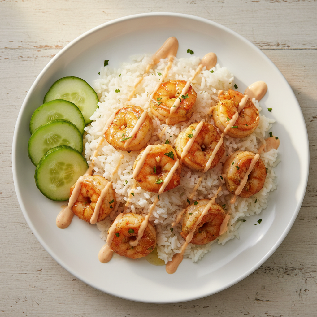 Garlic buttered shrimp on steamed rice with cucumber and spicy mayo